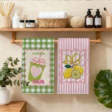 2pcs Green Plaid, Pink Stripe, Lemon Print Kitchen Towels, 40*60cm Super Soft Microfiber Dish Cloths, Farmhouse Style Decor, Housewarming Gift, Suitable For Kitchen And Bathroom - Green - View 10