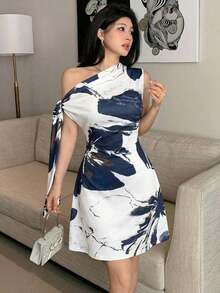 Vestido minimalista para mujer con estampado floral de tinta, hombro asimétrico con lazo, cintura ajustada - Púrpura malva - Ver 11