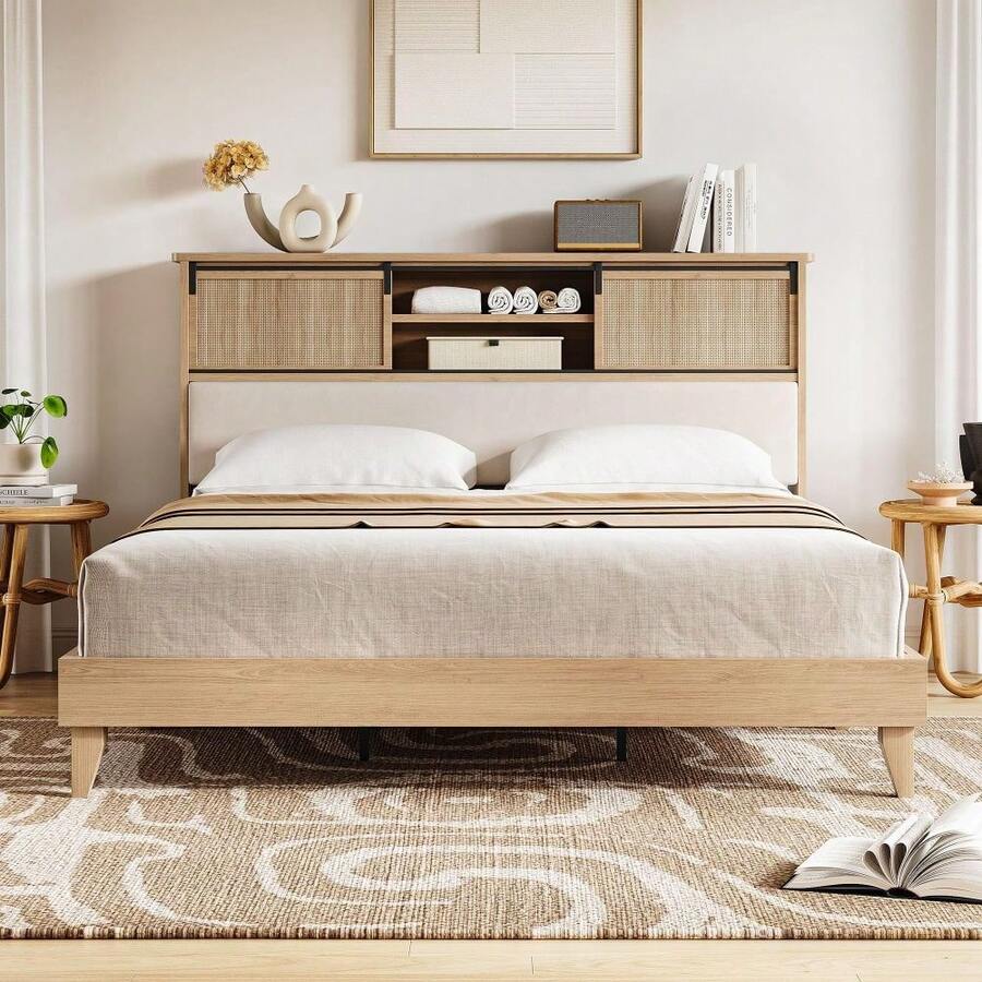 Beaully King Size Rattan Bed Frame With 2 Tier Shelves, Boho Rattan Bed Frame With Shelf Headboard Sliding Door, Wood Foundation With Silent Slats, No Box Spring Needed - Brown - View 1