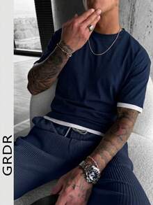 GRDR Men's Classic 2 In 1 Round Neck Short Sleeve T-Shirt, Fashionable Minimalist Commuting Versatile - Navy Blue - View 3
