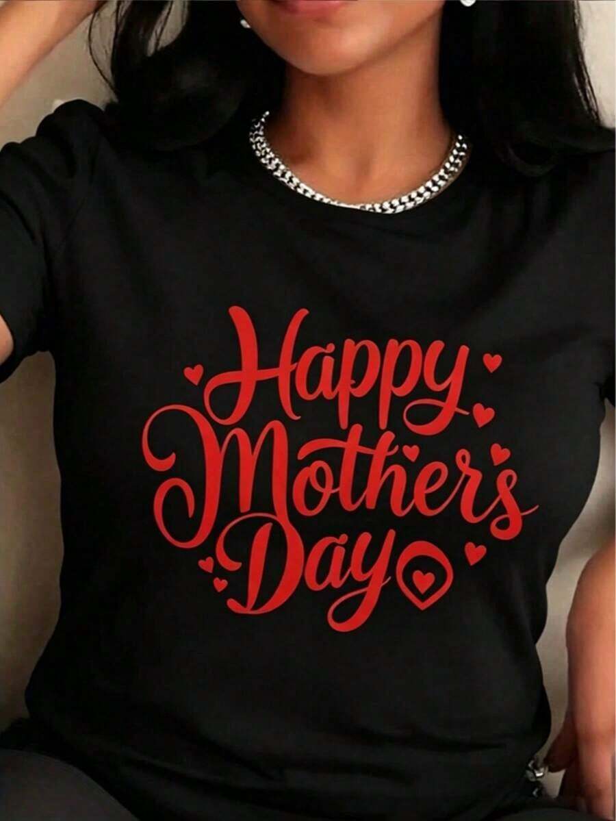 Camiseta para el Día de la Madre para Mujer - Diseño de Corazón Rojo, Ropa Cómoda para Uso Diario, Regalo Ideal para Mamá de la Parte de Hija, Esposa o Abuela, Lavable y de Corte Holgado - Negro - Ver 1