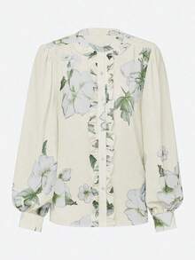 Elegant Floral Print Stand Collar Lantern Sleeve Chiffon Blouse Spring - Apricot - View 2