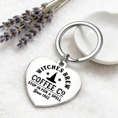 MOLANXUAN 1pc Stainless Steel Heart-Shaped Keychain With "Witches Brew Coffee Co" Slogan, Featuring Witch Hat And Star Pattern, A Charming Gothic Halloween Gift For Coffee Lover Friends, Durable And Rust-Resistant With Polished Surface