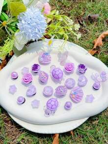 22pcs Pink DIY Detachable Shoe Charms, With Sequin Chain, Starfish Shell Water Ripple Star, Suitable For Clogs - Purple Turtle - View 6