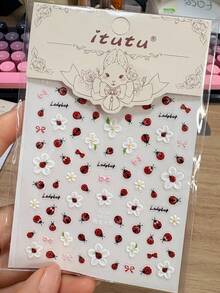 1pc 5D Stereoscopic Ladybug & Flower Nail Stickers - Self-Adhesive, Cute Red Ladybug, White Daisy & Bow Pattern, Embossed Sliders For DIY Nails, Summer Garden Nail Art Decals, Easy To Apply Nail Decorations For Women & Girls, Nail Art Supplies - Multicolor - View 11