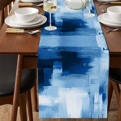 Modern Geometric Blue And White Abstract Art Design Table Runner, Decorative Tablecloth Suitable For Coffee Tables, Weddings, Parties And Banquets