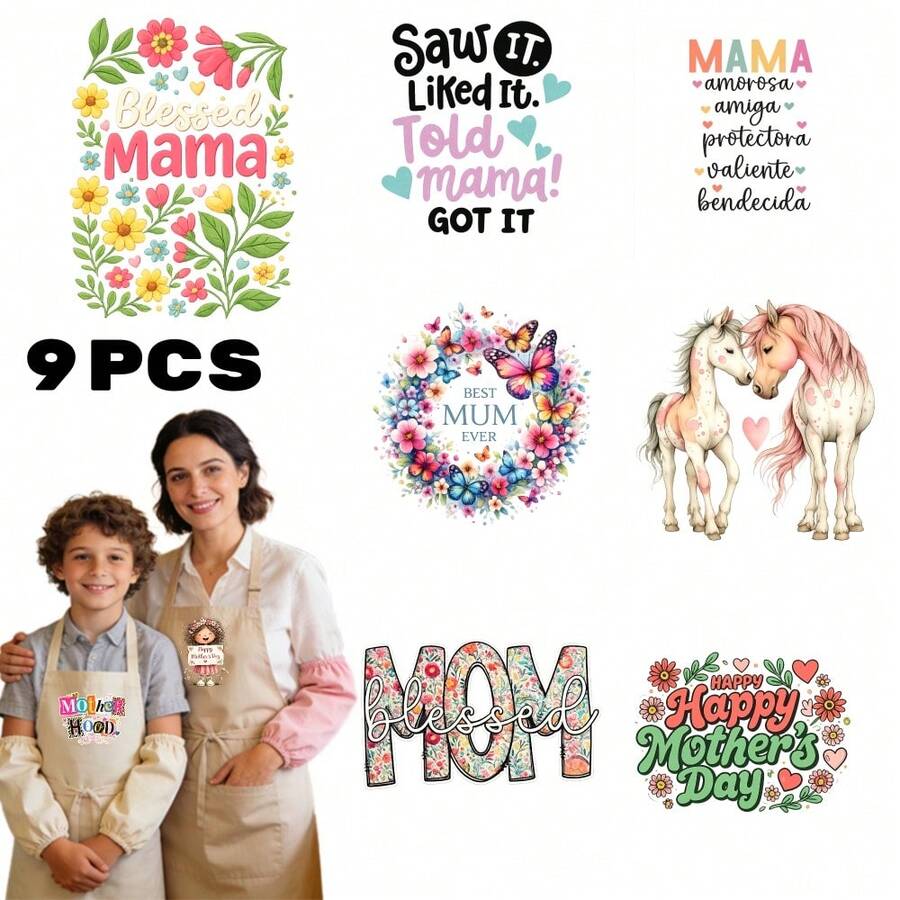 9 Sheets Mother's Day Iron On Transfers,  DTF Transfer Ready to Press for T-Shirts,   Mama Floral Design Saw It Liked It Told Mama Got It Mama Amorosa Amiga Protectora Caliente Bendecida Best Mum Ever Mom  Happy Mothers Day , DIY Gift for MAMA,  Waterproof Heat Transfer Vinyl for Apparel - Zufälliger Stil - Übersicht 1