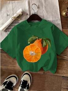 | 1 Women's 100% Breathable Cotton T-Shirt | Bright Pink Short Sleeve Casual T-Shirt For Women - Soft Polyester Crew Neck Top With Vibrant Orange Slice And Leaf Geometric Print, Machine Washable For Spring Summer Casual Wear, Fruit Print T-Shirt, All Season Fabric - Ideal For Summer - 綠色 - 查看 2