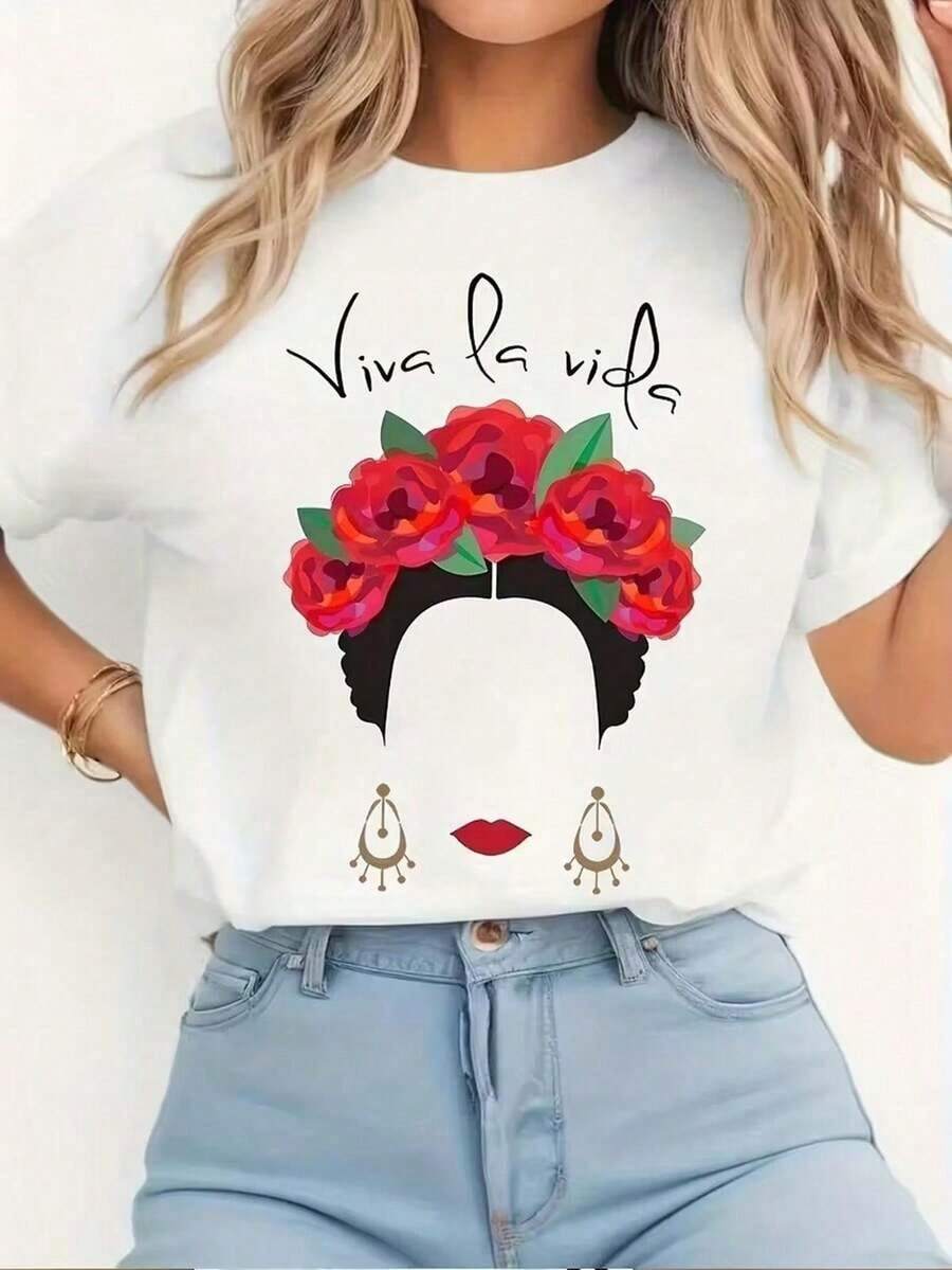 Nueva camiseta de cuello redondo para mujer, manga corta, holgada, casual y versátil con estampado de rosas femeninas , tejido suave y de buena caída - Multicolor - Ver 1