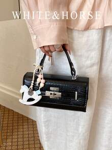 Fashionable Crocodile Embossed Small Square Bag, New Luxury Feeling Shoulder Crossbody Handbag, Commuting Tote - Black - View 1