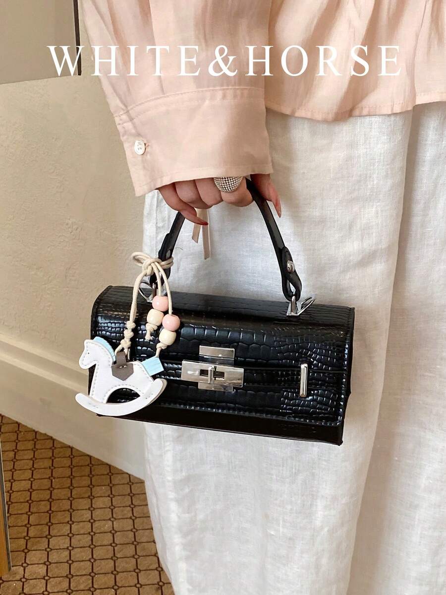 Fashionable Crocodile Embossed Small Square Bag, New Luxury Feeling Shoulder Crossbody Handbag, Commuting Tote - Black - View 1