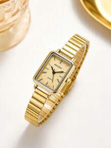 1pc Women's Elegant Retro Quartz Watch, Square Dial With Roman Numerals, High-Quality Alloy Case, Luxury & Refined, Minimalist Fashion, Suitable For Daily Commute, Office, Pairs Well With Casual Outfits, Ideal For Outings, Work, Commute, Parties, Weddings, And A Perfect Gift For Wife, Sister, Girlfriend, Family And Friends On Birthdays, Anniversaries And Other Special Occasions, Exquisite Watch Accessory - Gold - View 1