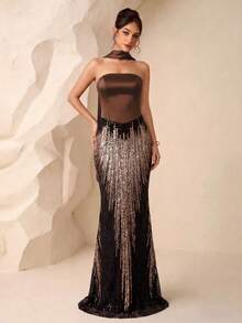 Bandeau Satin elegantes formelles Abendkleid mit Meerjungfrauen-Rock und wellenförmigem Paillettenband, Geburtstags- und Party-Abendkleid im leichten Socialite-Stil für Hochzeiten - Braun - Übersicht 2