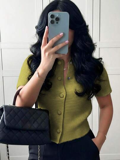 Áo cardigan dệt kim tay ngắn cài cúc phía trước dành cho nữ, kiểu dáng ôm vừa vặn, cổ áo, phong cách thường ngày.