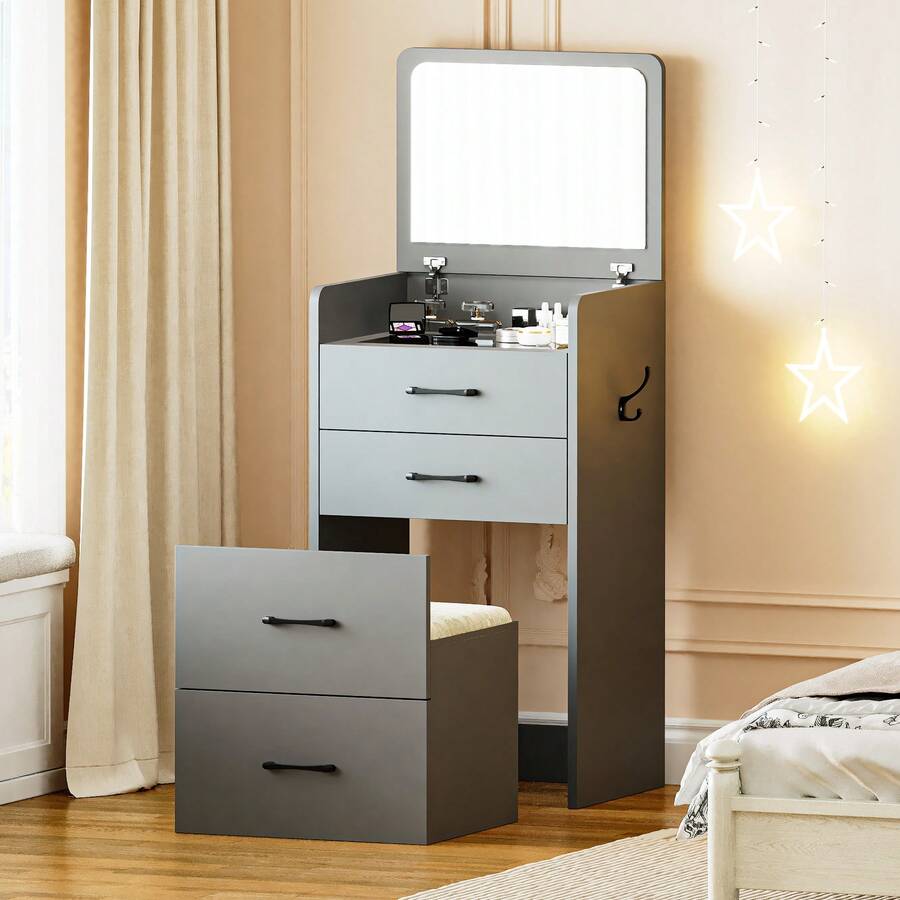 HNEBC 3-In-1 Vanity Desk With Flip Mirror, Makeup Vanity With Drawers & Stool, Compact Vanity Desk For Bedroom, Multi-Function Dresser For Women, Girls - Xám - Xem 1