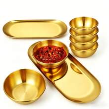 Bộ 3/6 bát và khay bằng thép không gỉ mạ vàng, bát chấm, bát và khay chấm sushi, bát ăn nhẹ, đĩa nướng BBQ, bát và đĩa trái cây, bát salad, lý tưởng cho nhà bếp/phòng ăn. - Nhiều màu - Xem 1