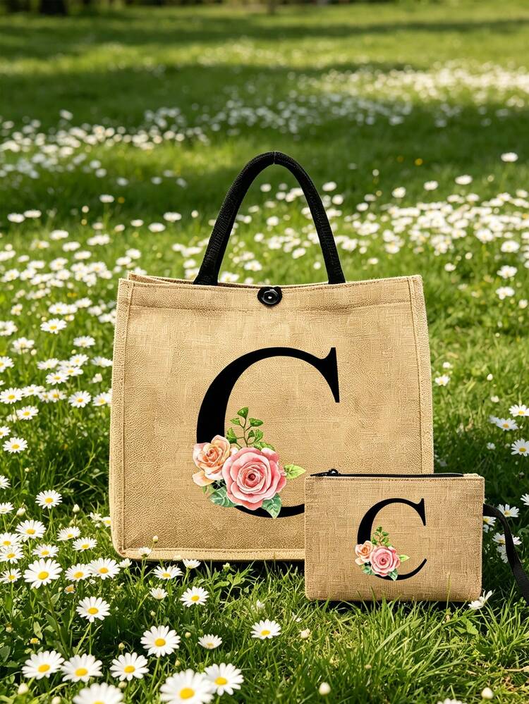 Túi đựng mỹ phẩm bằng vải lanh màu vàng với họa tiết "Champagne Rose Letter". Bộ túi xách và túi đựng mỹ phẩm bằng vải lanh màu vàng, bao gồm túi mua sắm in chữ và túi đựng mỹ phẩm cùng màu. Có thể dùng làm túi xách hàng ngày, túi mua sắm tái sử dụng hoặc túi đựng mỹ phẩm. - Nhiều màu - Xem 7