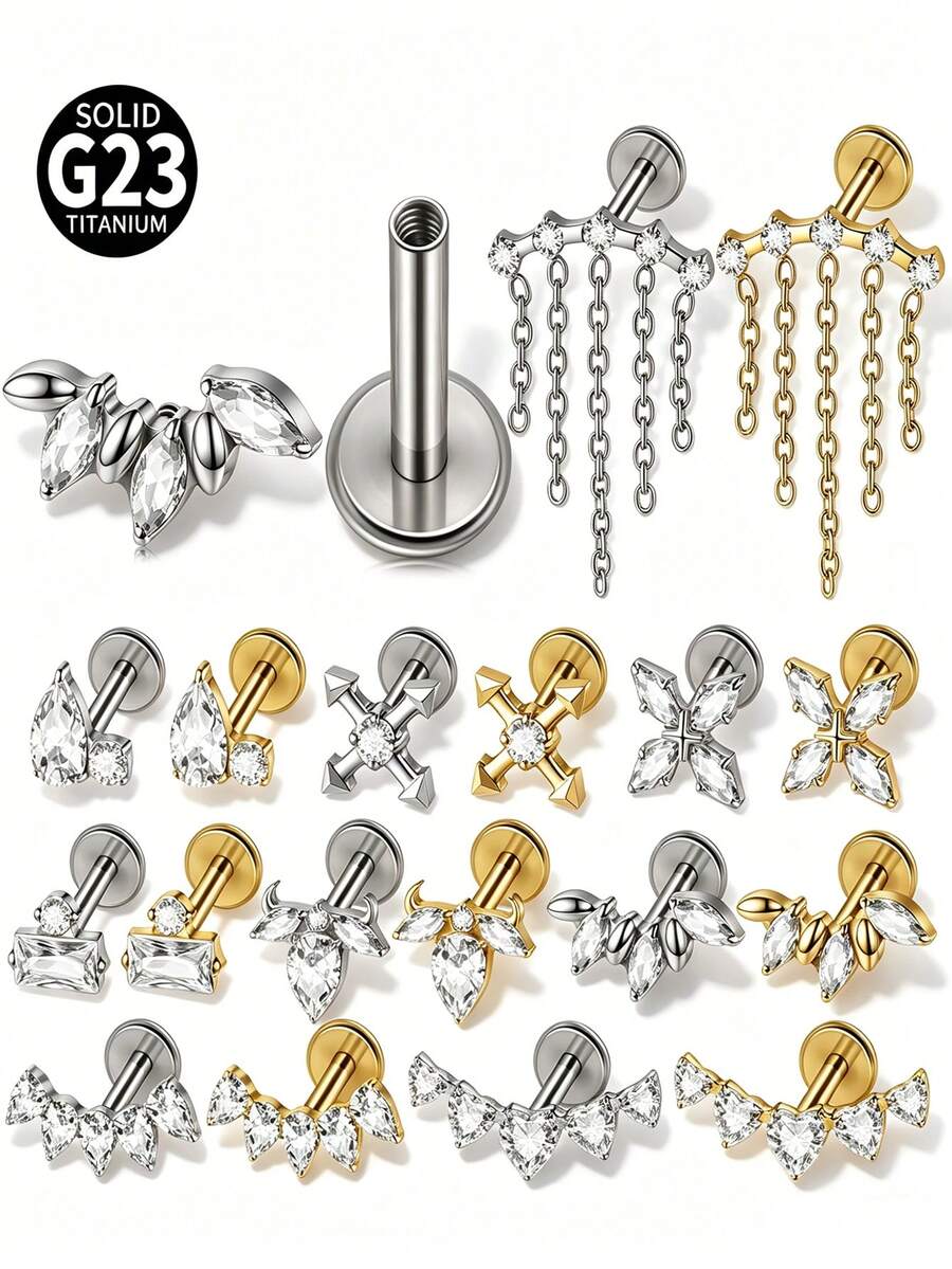 1件 G23 钛金属马眼形锆石唇钉 内螺纹 CZ 极简垂坠耳廓耳骨耳软骨耳钉 身体穿刺饰品 - 如圖 - 查看 1