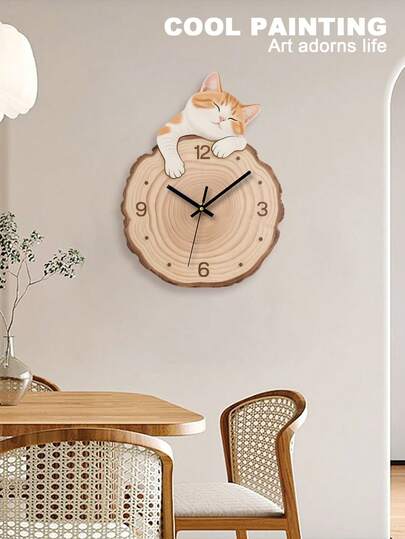 1 chiếc đồng hồ treo tường im lặng hình mèo màu kem 14 inch, thích hợp trang trí nhà cửa, trường học, văn phòng.