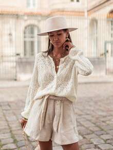 Loose Knit Cardigan For Women, Sheer, Long Sleeve, Round Neck, Front Button, Minimalist Elegant, Essential Fashion Item For Women's Wardrobe, Autumn Spring White - White - View 5