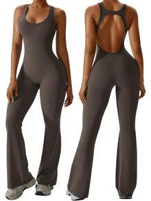 Women's Flared-Leg Jumpsuit With Built-In Bra, Openwork Back, Sportswear, Sleeveless Jumpsuit, Fitted Casual - Brown - View 7