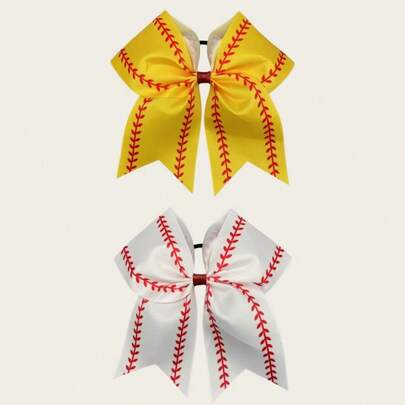 2pcs 8-Inch Yellow & White Softball Cheerleader Bow Hair Accessories, With 2 Symmetrical Red Stitching Bows, Suitable For Softball Cheerleading Performance And Daily Wear