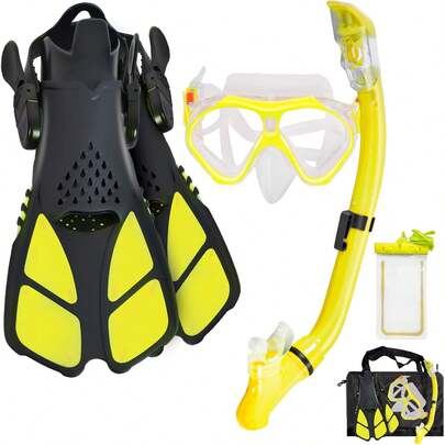 Set da snorkeling per bambini, maschera da snorkeling per bambini, attrezzatura da snorkeling, maschera da snorkeling + pinne regolabili per bambini + boccaglio asciutto + borse da viaggio