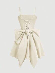 Vestido corto elegante sencillo de color liso con tirantes finos, tejido satinado con lazo grande trasero y falda acampanada, ideal para uso diario de primavera y verano - Rosa - Ver 9