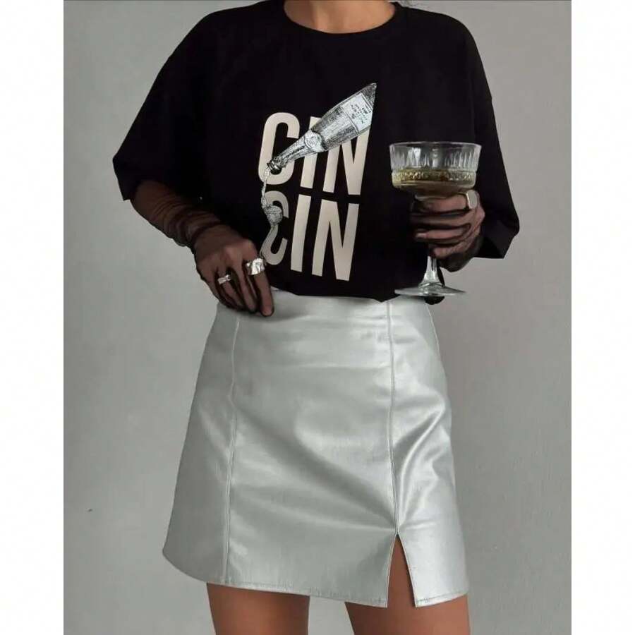 Round Neck T-Shirt With Simple Letter Print, American Retro Style - 黑色 - 查看 1