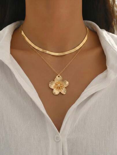 1件女士优雅吊坠项链，时尚简约别致，双层金属蛇形链，蛋形花朵吊坠，叠戴项链，适合春夏日常佩戴、派对、中东风情、婚礼季，送给女友/闺蜜的礼物