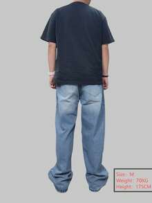 1pc Justice Brother Men's Loose Washed Denim Casual Baggy Wide Leg Jeans Pants (Excluding Belt/Accessories) - Blue - View 7