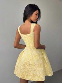 Vestido elegante de longitud media con estampado de jacquard para mujer en verano - Amarillo - Ver 3