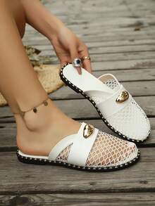 Breathable Mesh Hollow Strap Flat Slide Sandals For Teens, Spring/Summer, Black/White/Brown - White - View 3