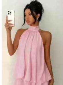 Valentine Outfits For Women Sweet Vacation Slim Sexy Backless Halter Waist-Cinching Top Puffy Short Skirt Dress For Women - 黃色波點 - 查看 5