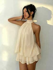 Valentine Outfits For Women Sweet Vacation Slim Sexy Backless Halter Waist-Cinching Top Puffy Short Skirt Dress For Women - 黑白波點 - 查看 7