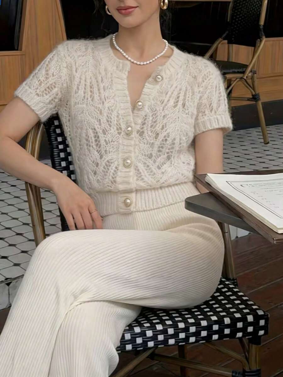 Cárdigan de punto calado para mujer, top de cuello redondo, chaqueta de manga corta con diseño de primavera/verano, primavera/otoño - Champán - Ver 1