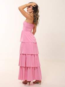 LONG DRESS WITH LAYERED RUFFLES, STRAP-FALL TWISTED AT THE BUST - 淺粉色 - 查看 4