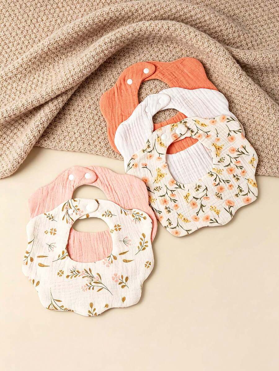 5pcs Baby Cotton Gauze Floral Bibs, Soft Absorbent Printed And Solid Color Drool Bibs Suitable For Newborns - 彩色 - 查看 1