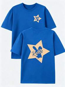 1 Piece Package: Men's 100% Cotton Crew Neck T-Shirt, Casual Style With Letter Print And Rabbit Design On Both Sides - Summer Short Sleeve T-Shirt, Crew Neck, Rabbit Design On Front And Back, Regular Fit, Suitable For Gym, Outdoor Activities And Daily Wear - Easy Clean Summer Essential, Daily Casual Outfit, Versatile Men's T-Shirt. - 藍色 - 查看 9