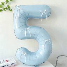 7pcs Blue Number Balloon Set, Bow Tie DIY Decor, Blue Number (0-9) Foil Balloons, Includes Glue, Suitable For Birthday Party, Room Decor, Anniversary, Photo Props, Princess Party Decoration - Baby Blue + Bow - View 6