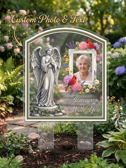 Estaca conmemorativa de ángel dorado personalizada, placa conmemorativa de cementerio personalizada con foto y texto, marcador de tumba de acrílico personalizado, diseño de ángel con relieve dorado, acrílico y acento dorado, nombre y fecha personalizados, para familia de luto, memorial de ser querido, en recuerdo cariñoso, memorial de jardín, decoración de patio exterior, regalo conmemorativo, recuerdo de condolencia, Día de los Caídos, Día de la Madre, Día del Padre, regalo fúnebre