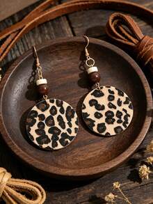 1对时尚性感豹纹串珠皮革耳环，女士时尚几何圆形豹纹皮革耳环 - 豹紋 - 查看 2