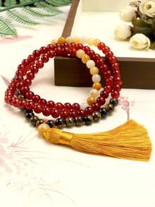 Yumfeel 108PCS Natural Stone Beaded Tassel Pendant Long Necklace, Vintage Middle Eastern Style Jewelry, Autumn/Winter Fashion Versatile Sweater Chain, Halloween Gift - Multicolor - View 3