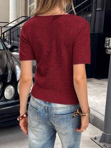 Just Masa Women's Summer Casual Knit Top,Square Neck Short Sleeve Fitted Basic Soild Color Sweater, For Casual,Vacation,Commute,Date,Daily Wear - Burgundy - View 2