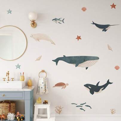 Under The Sea Whale Animal Wall Stickers Marine Ocean Shark Turtle Puffer Fish Manta Ray Wall Decals Bedroom Playroom Home Wall Decor