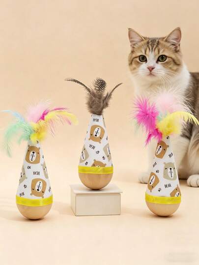1pc Cartoon Cat Plush Doll With Artificial Feather, Sturdy Wooden Base, Interactive Cat Doll Wand, Provides Exercise And Entertainment For Cats Of All Breeds And Sizes, Durable Cat Doll