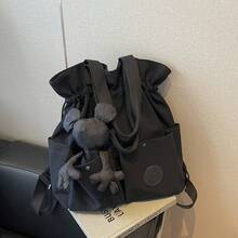 2026 新品 ブラック無地巾着トートバッグ レディース 通勤 通学 韓国風 大容量 軽量 マルチポケット付き おしゃれ カジュアル かわいい ギフト プレゼント ビジネス デイリー使い 整理しやすい ZXH7 - 人形なしの黒 - チェックする 6