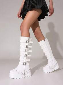 Botas altas de mujer con estilo Y2K, de metal negro, estilo punk, combinación de plataforma alta, botines hasta la rodilla con cremallera y hebilla, leggings, botas de estilo navideño y de Halloween - Blanco - Ver 7