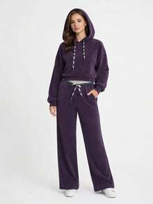 Women's Ribbed Tracksuit Set, Hooded Pullover, Cuffed Sweatshirt, Straight-Leg Trousers With Belt, Pockets, Spring Autumn Casual - Purple - View 2