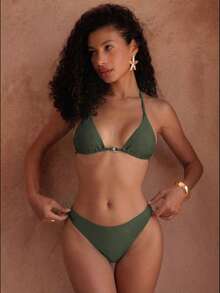 Women's Elegant Olive Green Halter Matching Pearl Accessory Bikini Swimwear For Vacation & Beach Summer - Olive Green - View 3